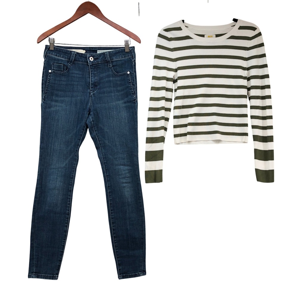 Maeve Anthropologie Outfit Striped Top Jeans Womens Medium Green White Denim